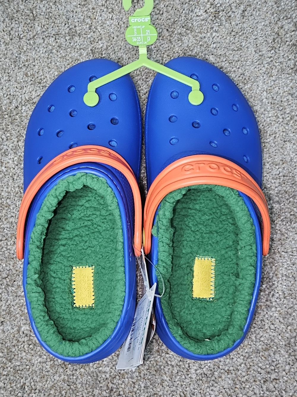 CROCS Kids Blue Clogs with Orange Strap and Green Lining
